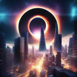 Create an image featuring a black hole in the sky above a futuristic city