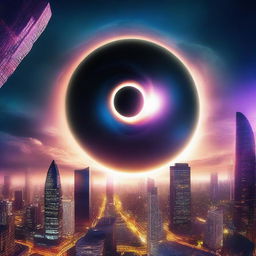 Create an image featuring a black hole in the sky above a futuristic city