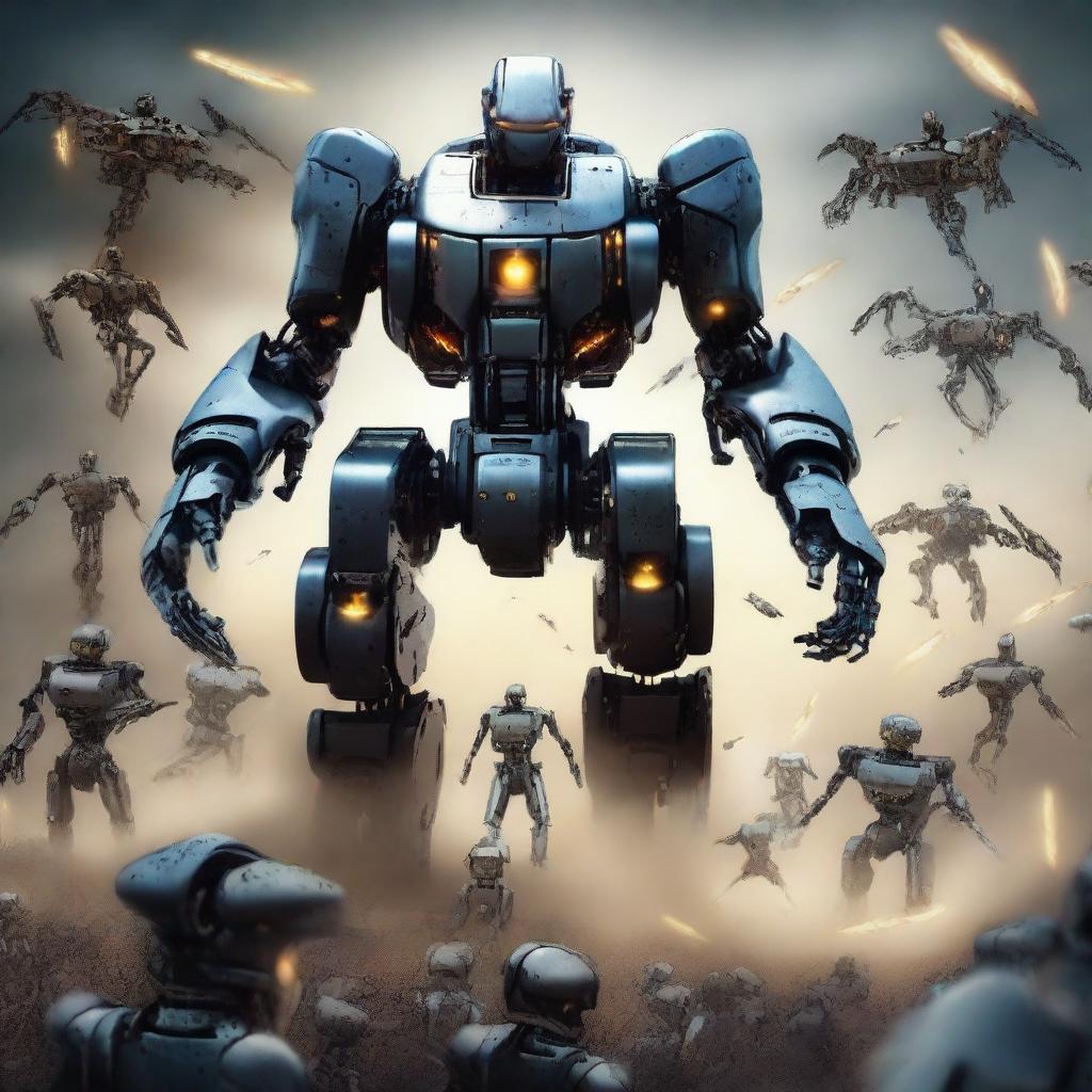 Create an image of an army of robots led into battle by a man floating in the sky above them
