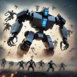 Create an image of an army of robots led into battle by a man floating in the sky above them