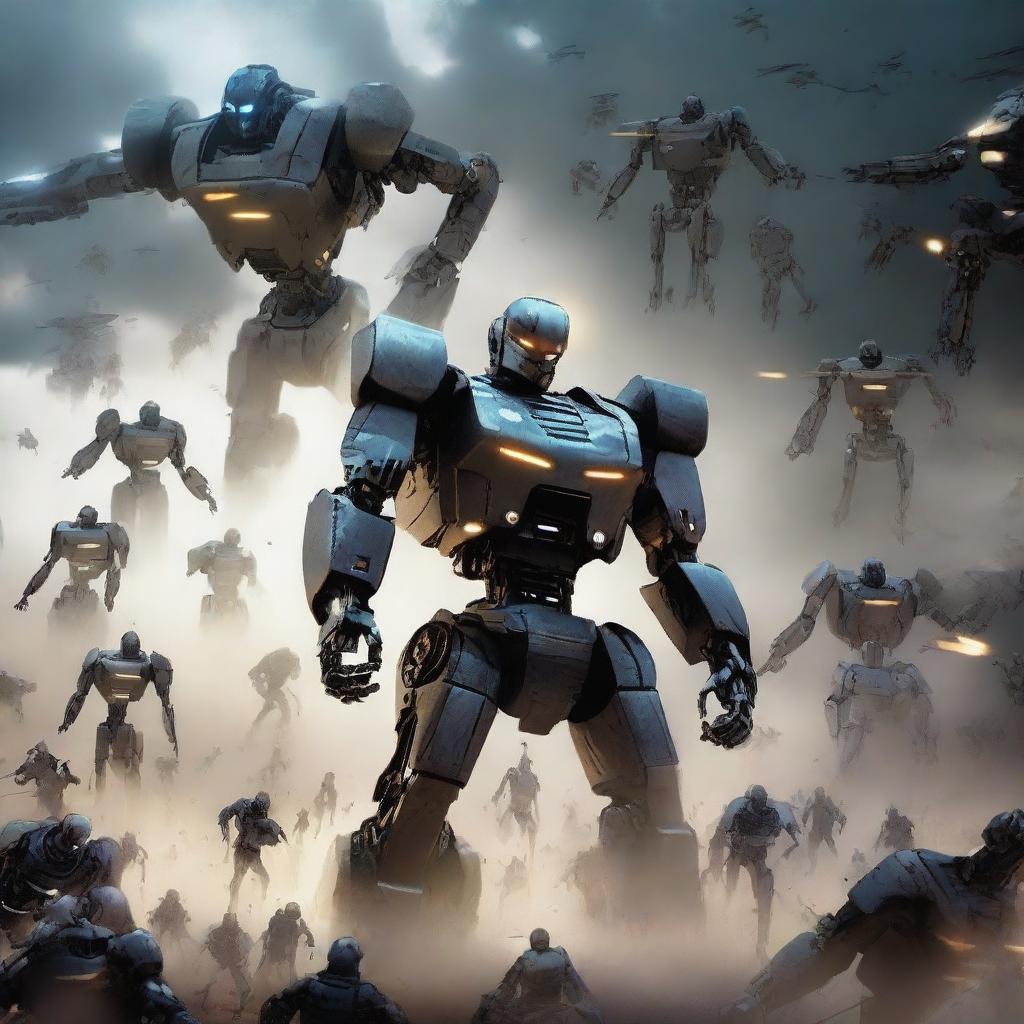 Create an image of an army of robots led into battle by a man floating in the sky above them