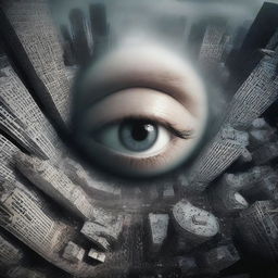 Create an image featuring a massive eye in the sky, looking down at masses of humanity