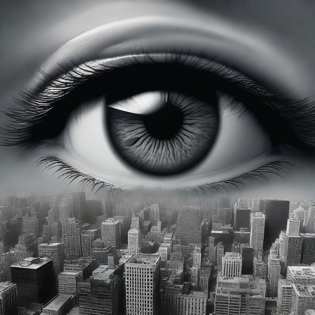 Create an image featuring a massive eye in the sky, looking down at masses of humanity