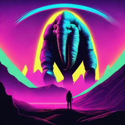 Create a retro futuristic neon movie poster featuring a behemoth of a creature on the horizon, in the middle of nowhere