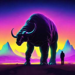 Create a retro futuristic neon movie poster featuring a behemoth of a creature on the horizon, in the middle of nowhere