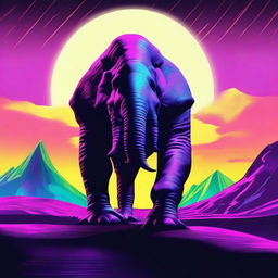 Create a retro futuristic neon movie poster featuring a behemoth of a creature on the horizon, in the middle of nowhere