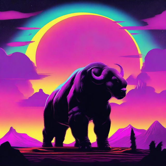 Create a retro futuristic neon movie poster featuring a behemoth of a creature on the horizon, in the middle of nowhere