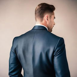 A rear view of a muscular man wearing a well-fitted suit