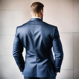 A rear view of a muscular man wearing a well-fitted suit