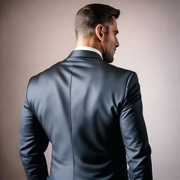 A rear view of a muscular man wearing a well-fitted suit