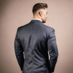 A rear view of a muscular man wearing a well-fitted suit