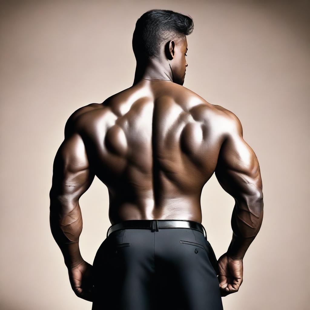 A straight-on rear view of a muscular man wearing a dark suit