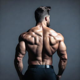 A rear view of a muscular man wearing a dark suit