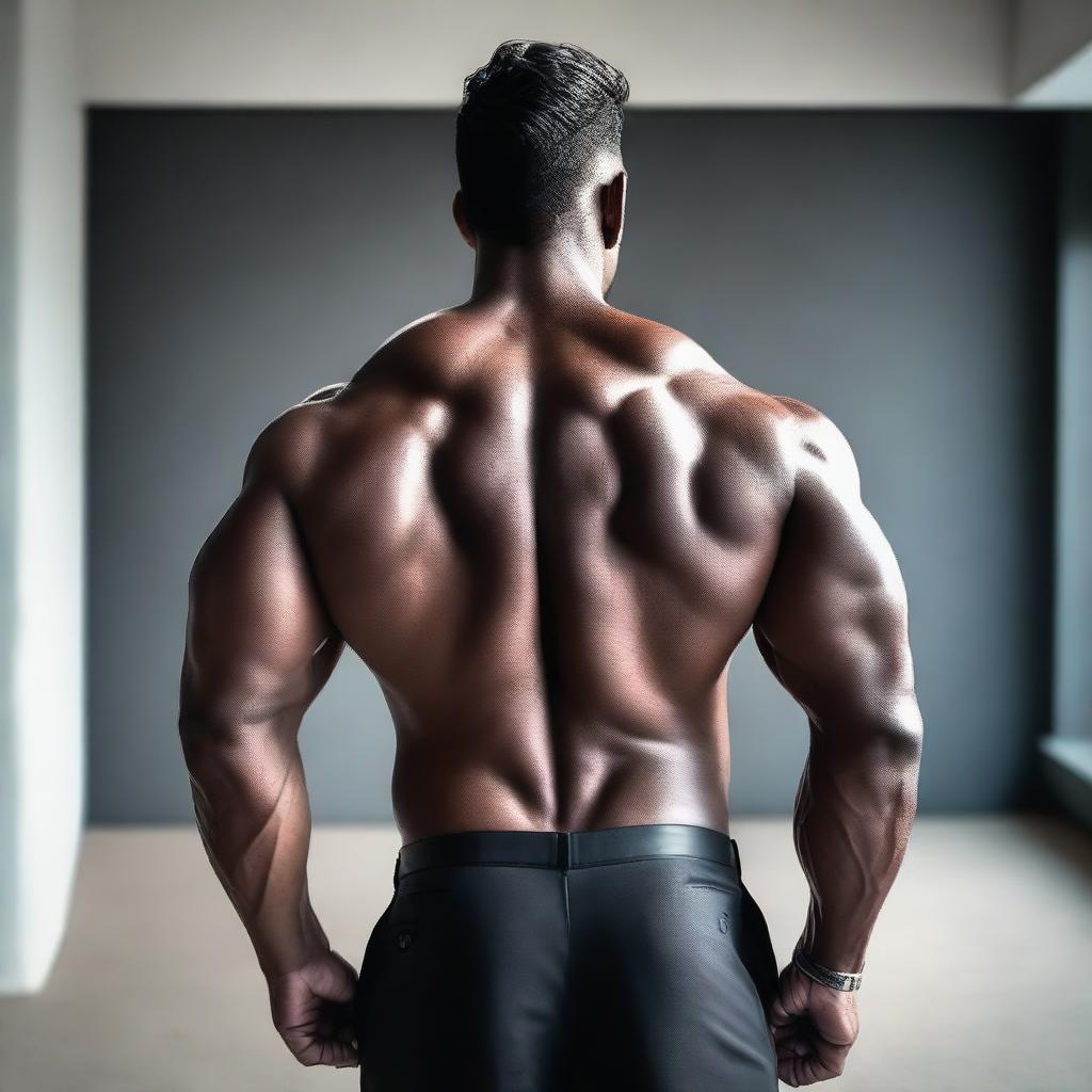 A rear view of a muscular man wearing a dark suit