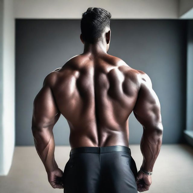 A rear view of a muscular man wearing a dark suit