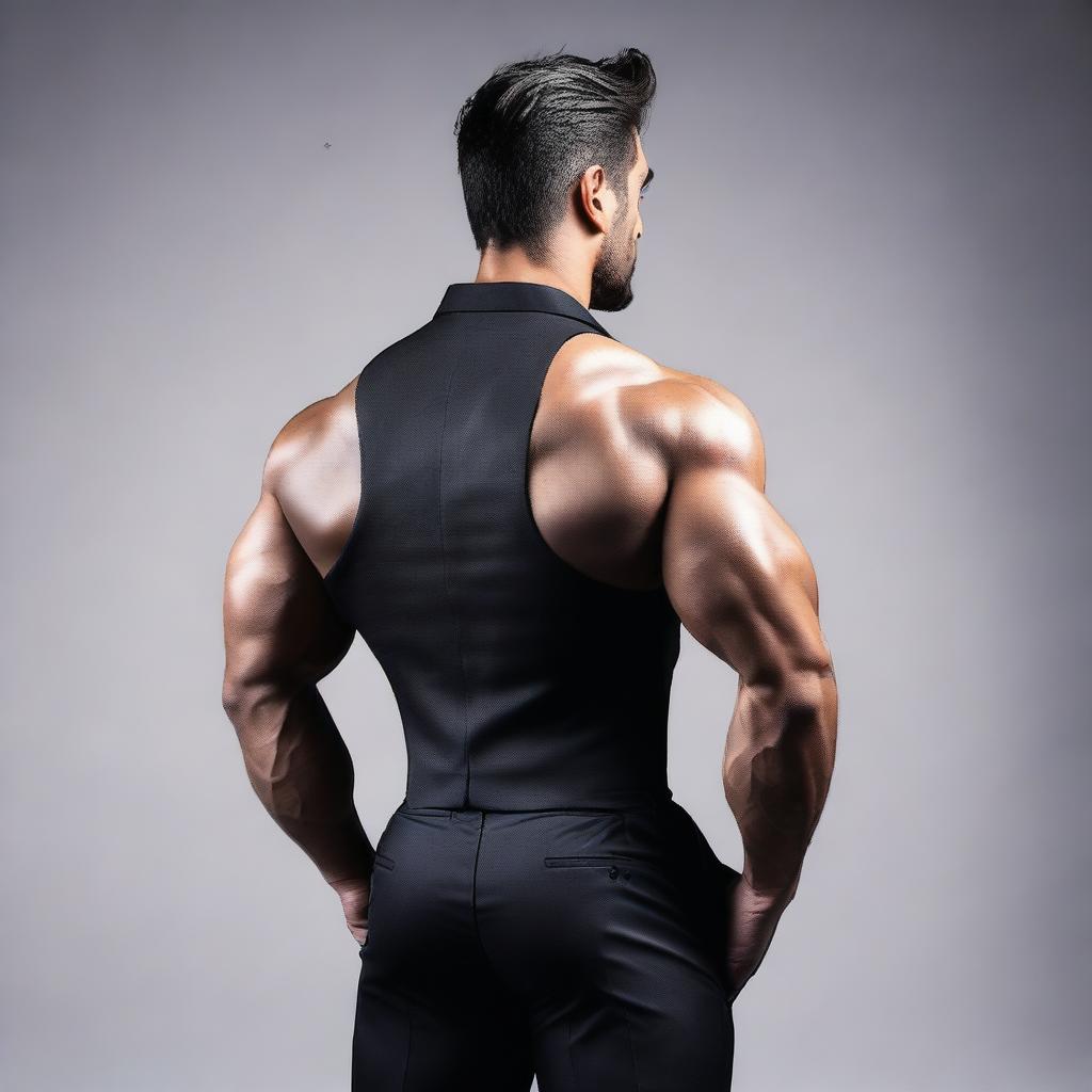 A rear view of a man wearing a dark suit, showcasing his muscular build