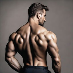 A rear view of a man wearing a dark suit, showcasing his muscular build