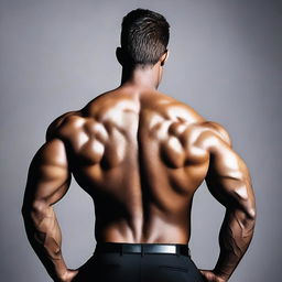 A rear view of a man wearing a dark suit, showcasing his muscular build