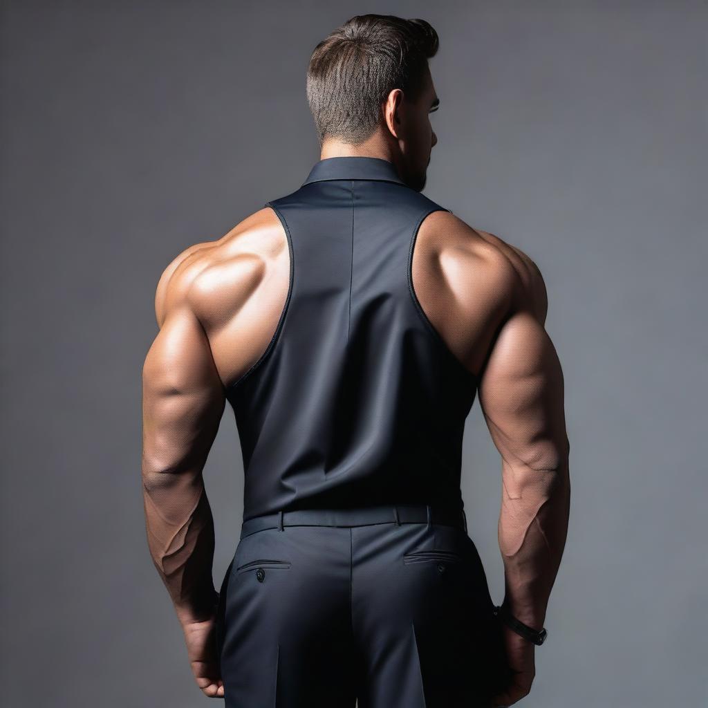 A rear view of a man wearing a dark suit, showcasing his muscular build