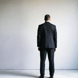 A rear view of a stocky man wearing a dark suit