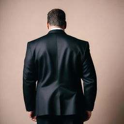 A rear view of a stocky man wearing a dark suit