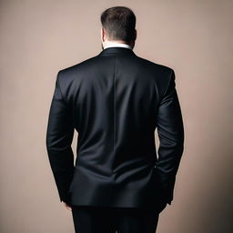 A rear view of a stocky man wearing a dark suit