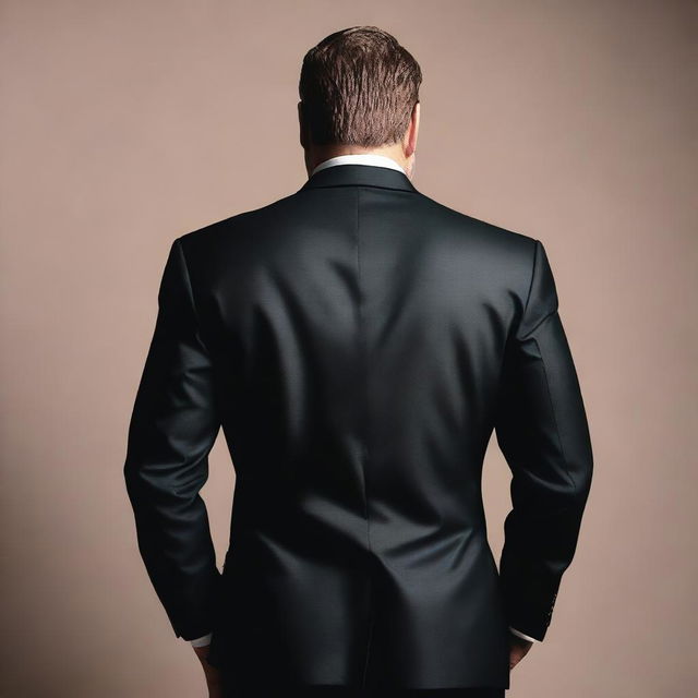 A rear view of a stocky man wearing a dark suit