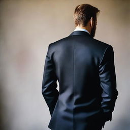 A rear view of a broad-shouldered man wearing a dark suit