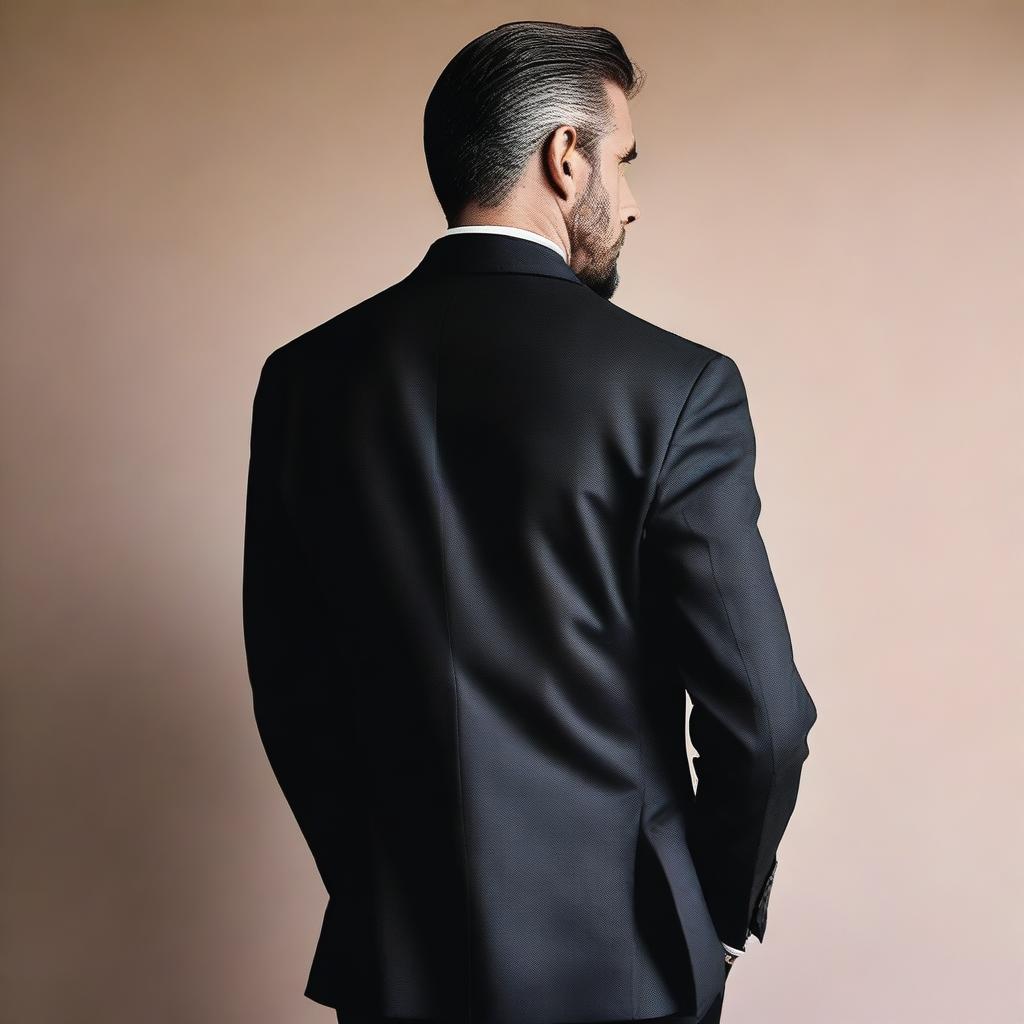 A rear view of a broad-shouldered man wearing a dark suit