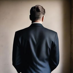 A rear view of a broad-shouldered man wearing a dark suit