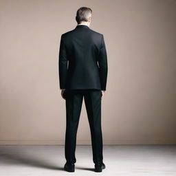 A rear view of a broad-shouldered man wearing a dark suit