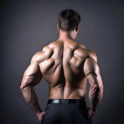 A rear view of a muscled man wearing a dark suit