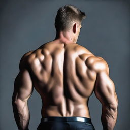 A rear view of a muscled man wearing a dark suit