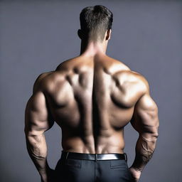 A rear view of a muscled man wearing a dark suit