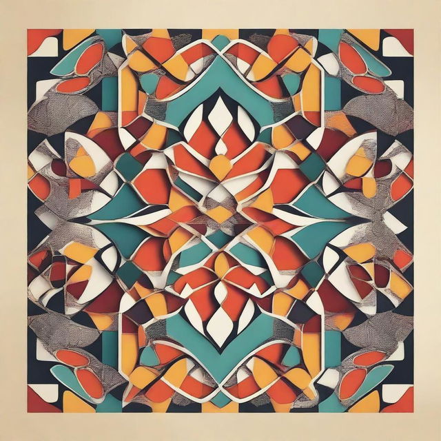 Create an abstract image featuring Arabic geometric patterns with colorful lines
