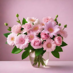 Create a beautiful image featuring a pink background with various flowers and a soft, radiant light illuminating the scene