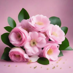 Create a beautiful image featuring a pink background with various flowers and a soft, radiant light illuminating the scene