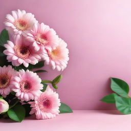 Create a beautiful image featuring a pink background with various flowers and a soft, radiant light illuminating the scene