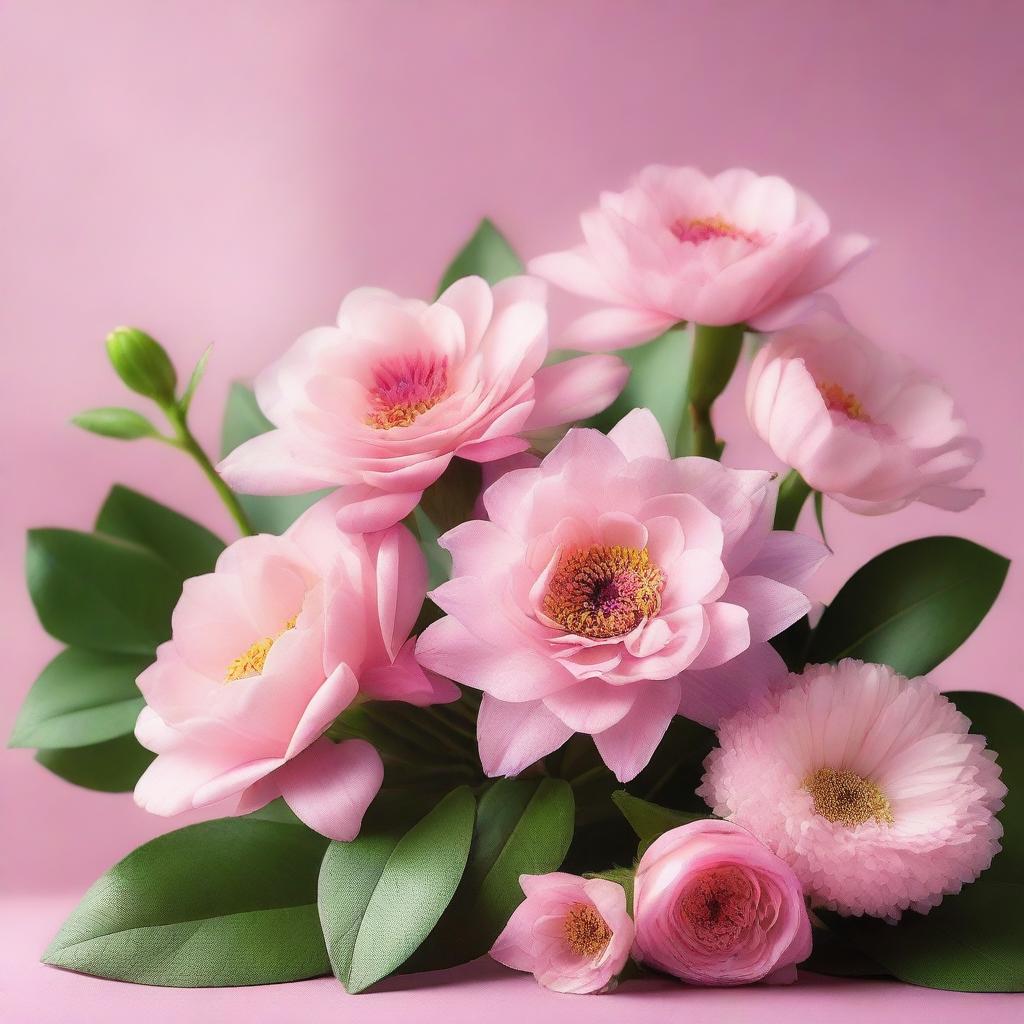 Create a beautiful image featuring a pink background with various flowers and a soft, radiant light illuminating the scene