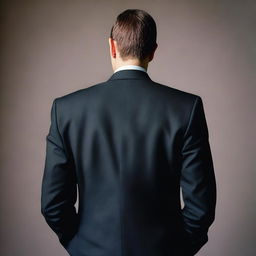 A rear view of a broad-shouldered man wearing a dark suit