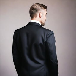 A rear view of a broad-shouldered man wearing a dark suit