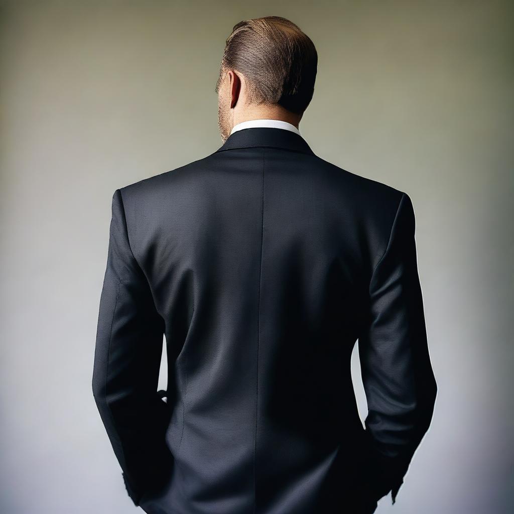 A rear view of a broad-shouldered man wearing a dark suit