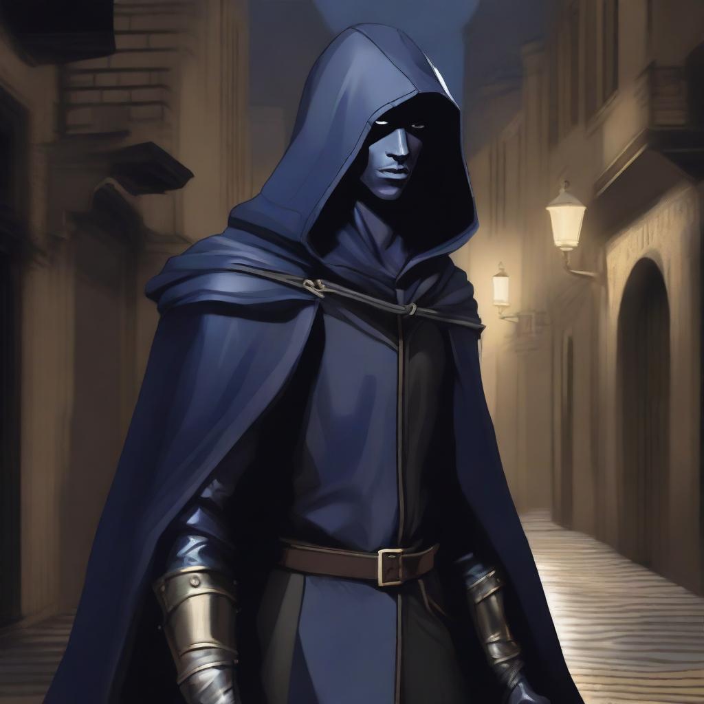 A realistic portrait of a slender male half-drow with dark grey skin and indigo shoulder-length hair