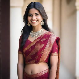 A 5ft tall Indian girl with a bit of chubbiness, standing and smiling confidently