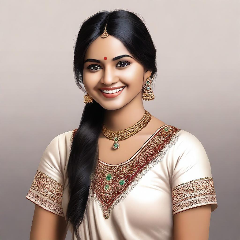 A 5ft tall Indian girl with a bit of chubbiness, standing and smiling confidently