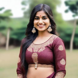 A 5ft tall Indian girl with a bit of chubbiness, standing and smiling confidently