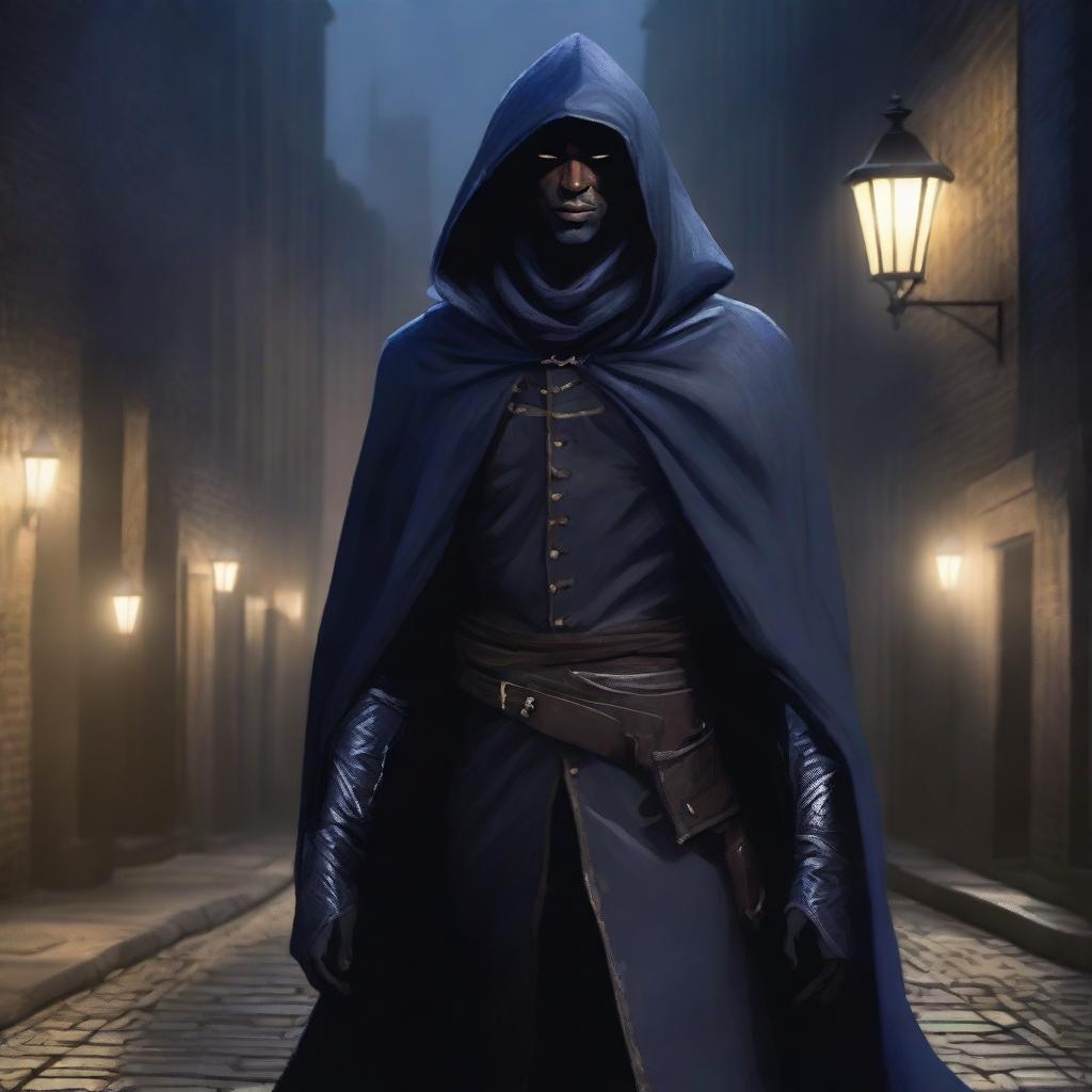 A realistic portrait of a slender male half-drow with dark grey skin and indigo shoulder-length hair