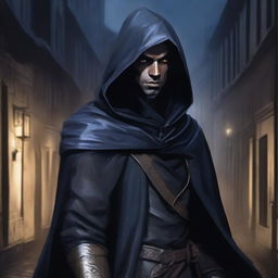 A realistic portrait of a slender male half-drow with dark grey skin and indigo shoulder-length hair