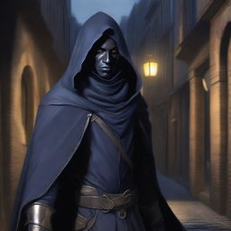 A realistic portrait of a slender male half-drow with dark grey skin and indigo shoulder-length hair