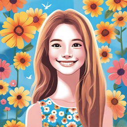 A detailed and vibrant illustration of a young girl smiling